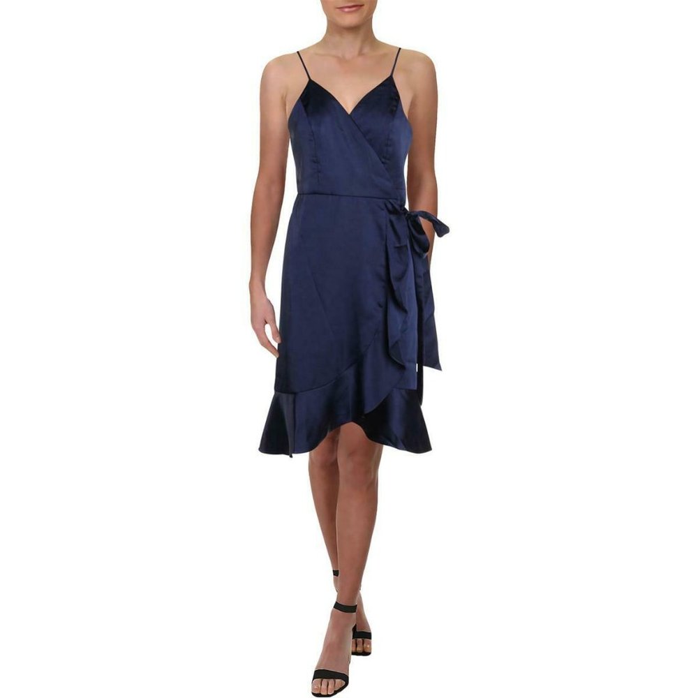 AQUA Ruffled Satin Wrap Dress